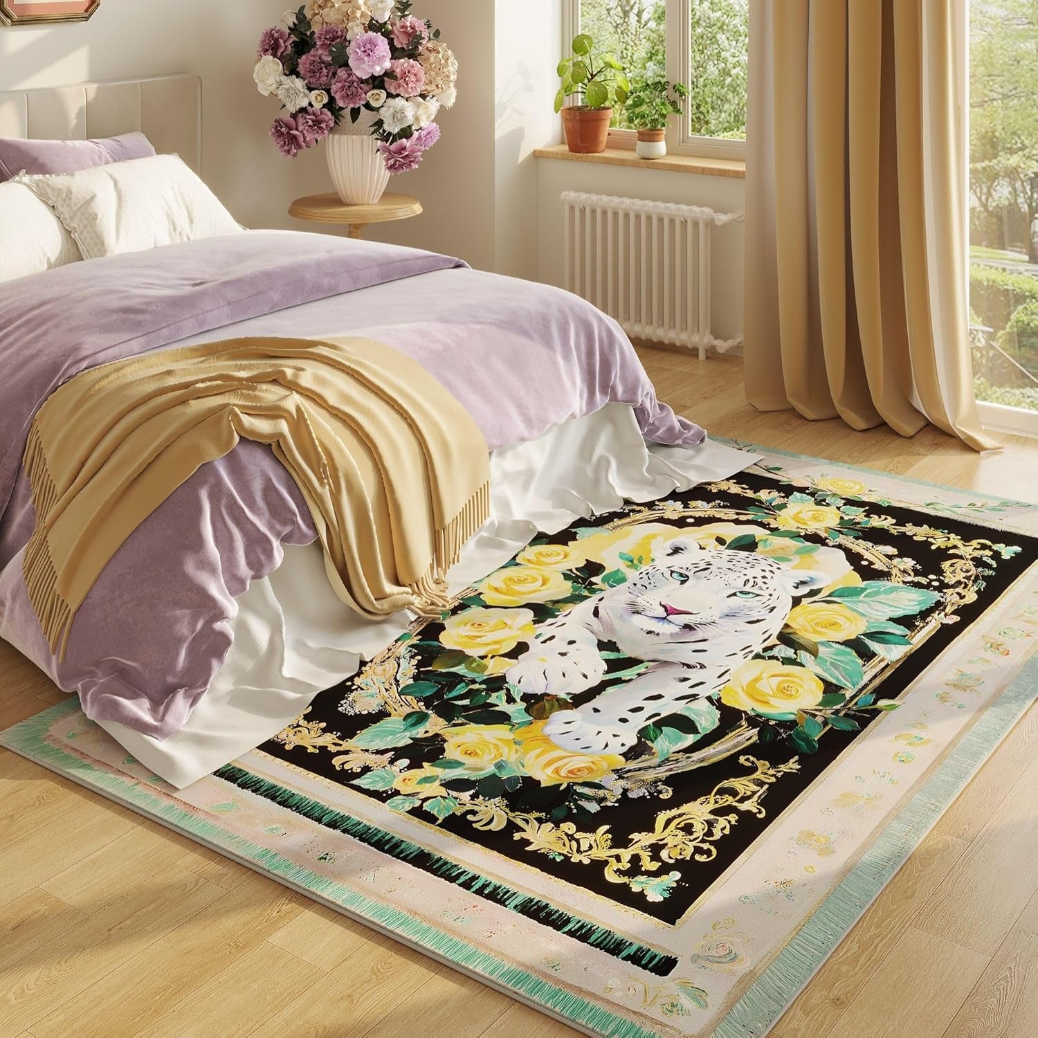 Living Room Rug 5X7 Rug Machine Washable Retro Lavish Leopard Area Rug