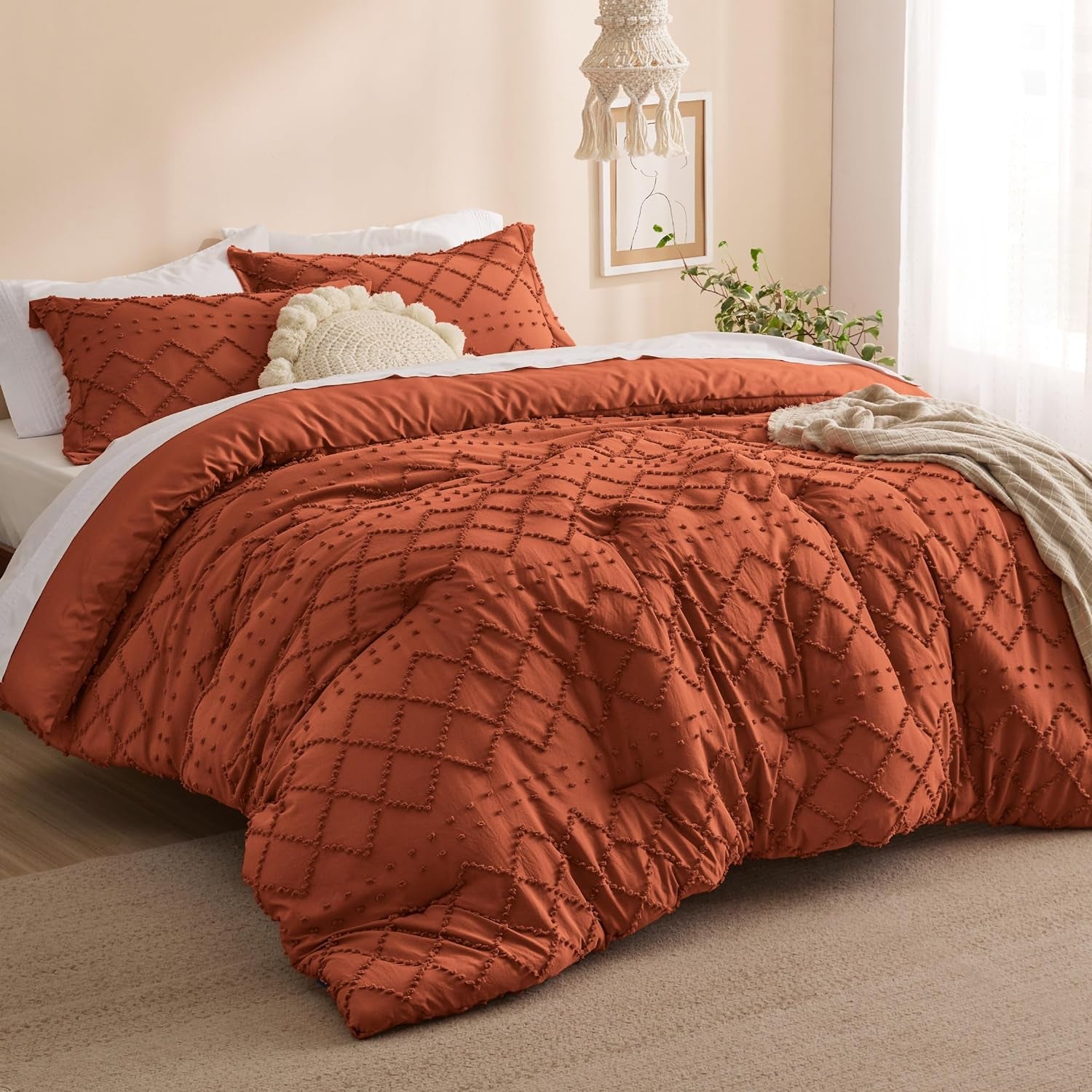 Terracotta Comforter Full Size, Boho Tufted Shabby Chic Bedding 3 Pieces