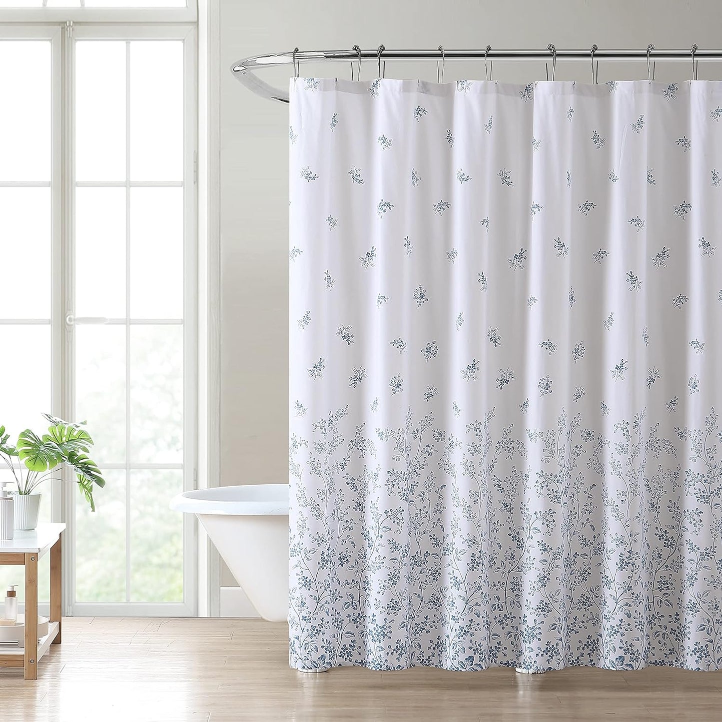 Shower Curtain, Stylish Bathroom Decor with Buttonhold Top, Elegant Blue Flowers