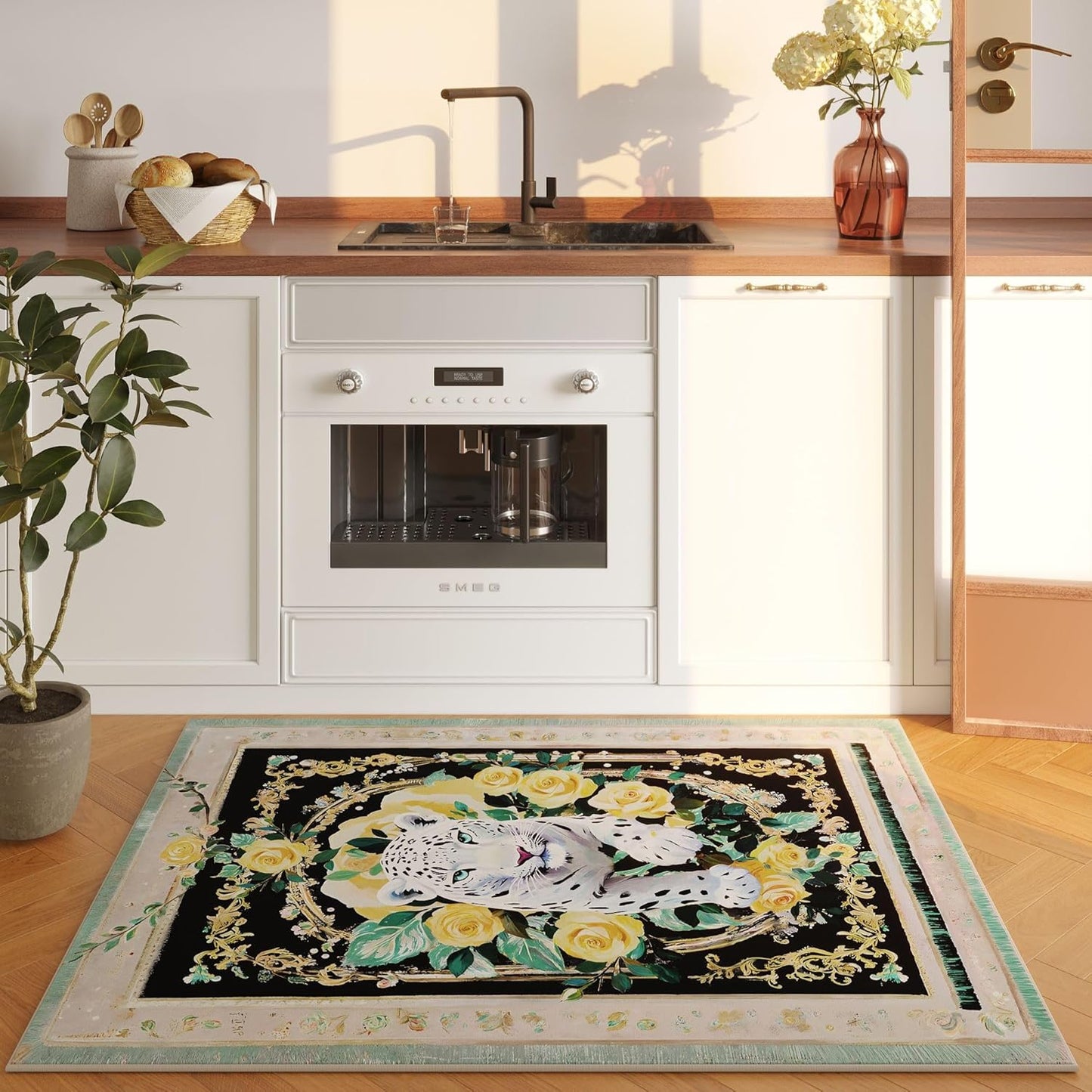 Living Room Rug 5X7 Rug Machine Washable Retro Lavish Leopard Area Rug