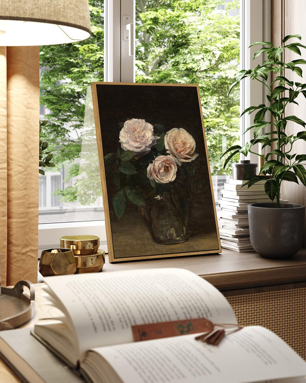 Framed Wall Art, Roses in Glass Vase Vintage Flower Prints Classical Oil Painting,16X24In