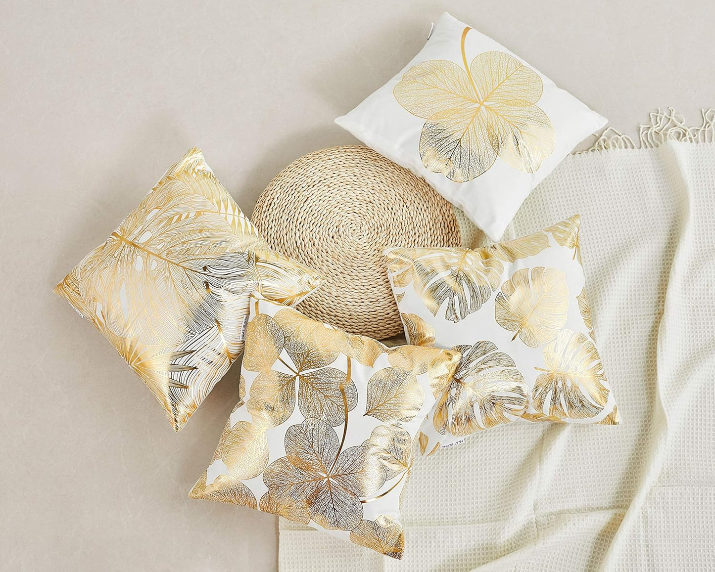 Decorative Throw Pillow Cover Gold Stamping Leaves 18 X 18 Inches, 4 Set