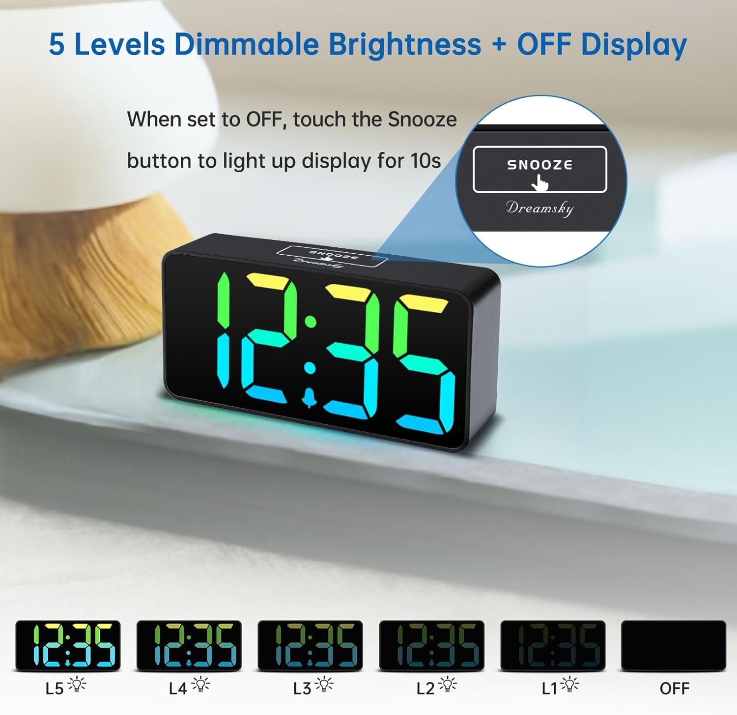 Small Digital Alarm Clocks for Bedrooms - RGB Electric Alarm Clock for Kids Bedside Nightstand, Desk Clock with Large Numbers, Dimmer, Adjustable Alarm Volume, USB Port, USB-C Adapter Powered