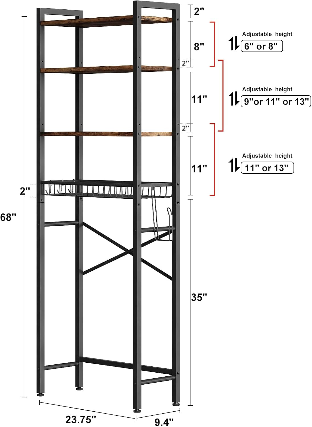 Over-The-Toilet Storage Rack, 4-Tier Bathroom Organizer Shelf over Toilet with Adjustable Shelf and Basket, (Vintage Brown)