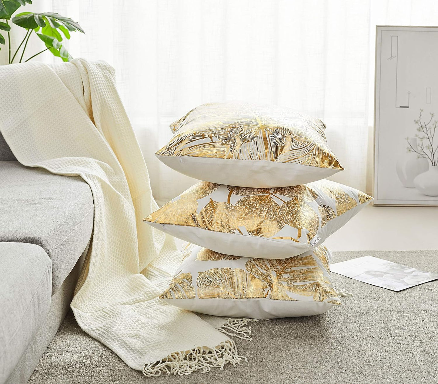 Decorative Throw Pillow Cover Gold Stamping Leaves 18 X 18 Inches, 4 Set