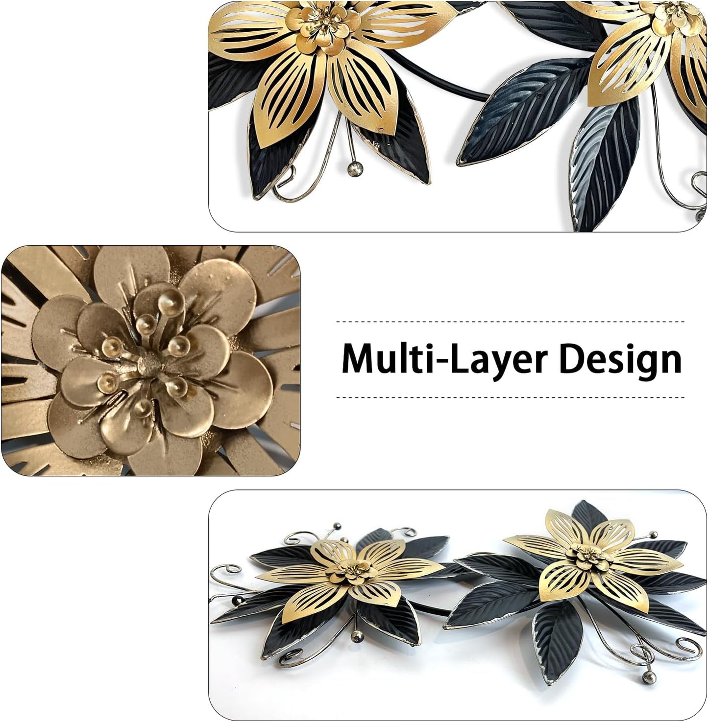 Black Gold Metal Flowers Wall Decor,15" 3D Multi-Layer Modern Floral Art, Rustic Distressed Hanging Decor for Indoor, Bedroom Living Room Garden Patio, Home Decoration Accent