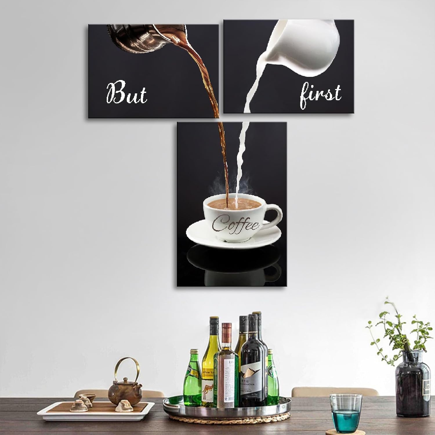 Coffee Bar Wall Decor for Kitchen - but First Coffee Sign(Latte-Set, Set of 3)