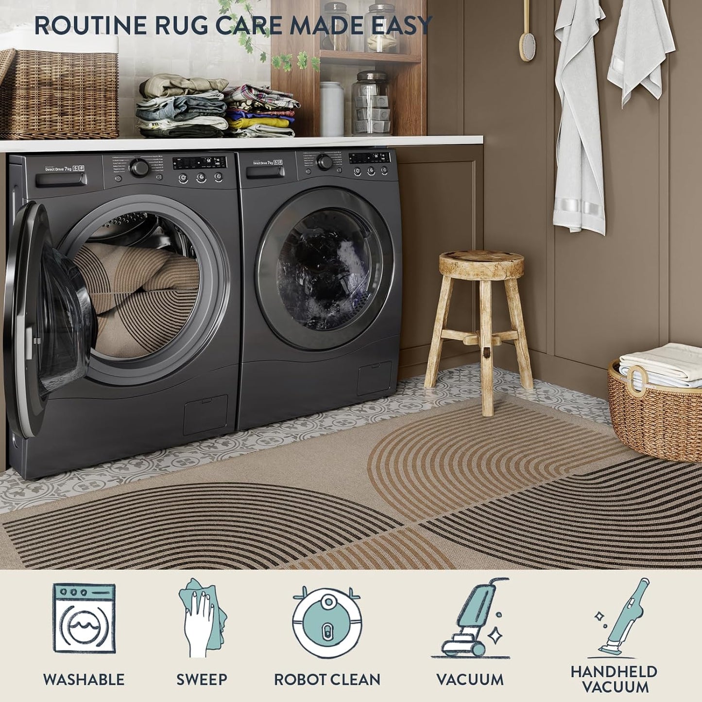 Modern Rainbow Easy Jute Rug, Washable 5X7 Area Rugs for Living Room, Black