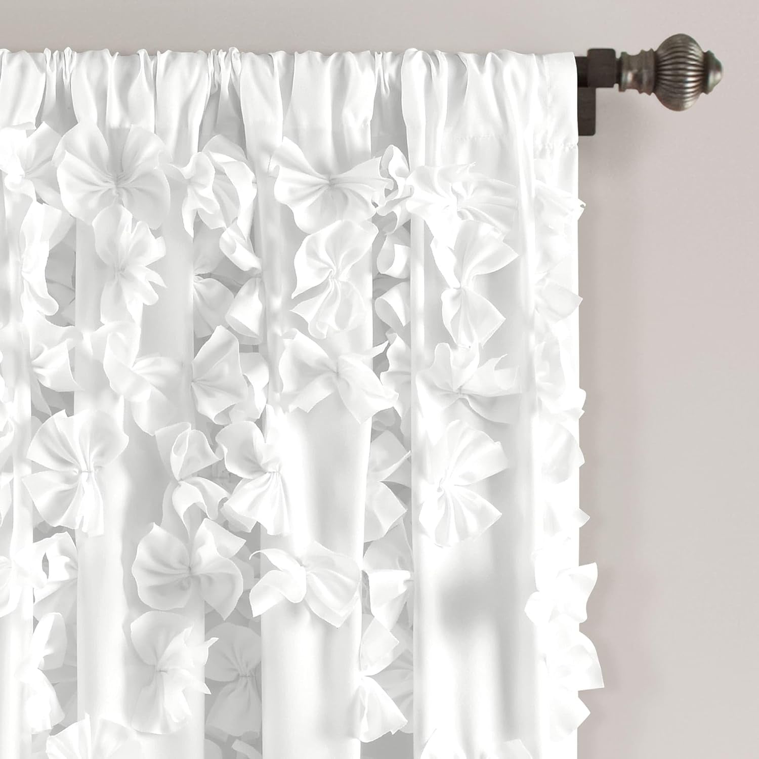 Window Curtain Panel - Charming Handmade Bow Details - Elegant Light Filtering Single Curtain - 54" W X 63" L, White