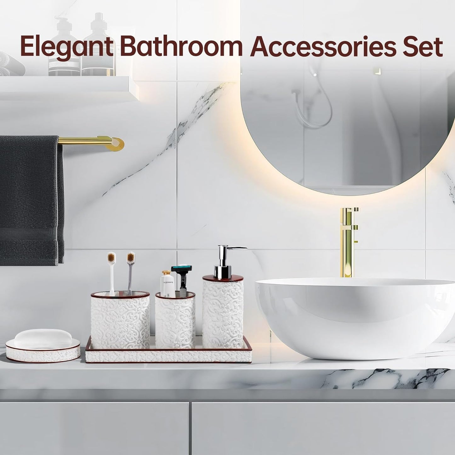 Bathroom Accessories Set, Elegant Handmade Floral Pattern, 5 Pcs, White