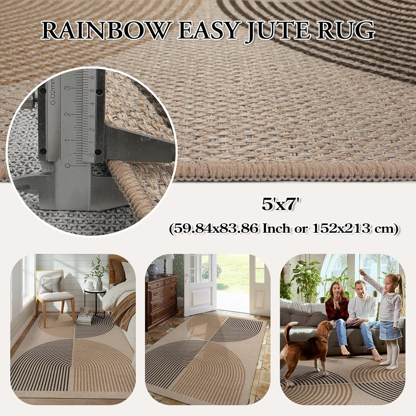 Modern Rainbow Easy Jute Rug, Washable 5X7 Area Rugs for Living Room, Black