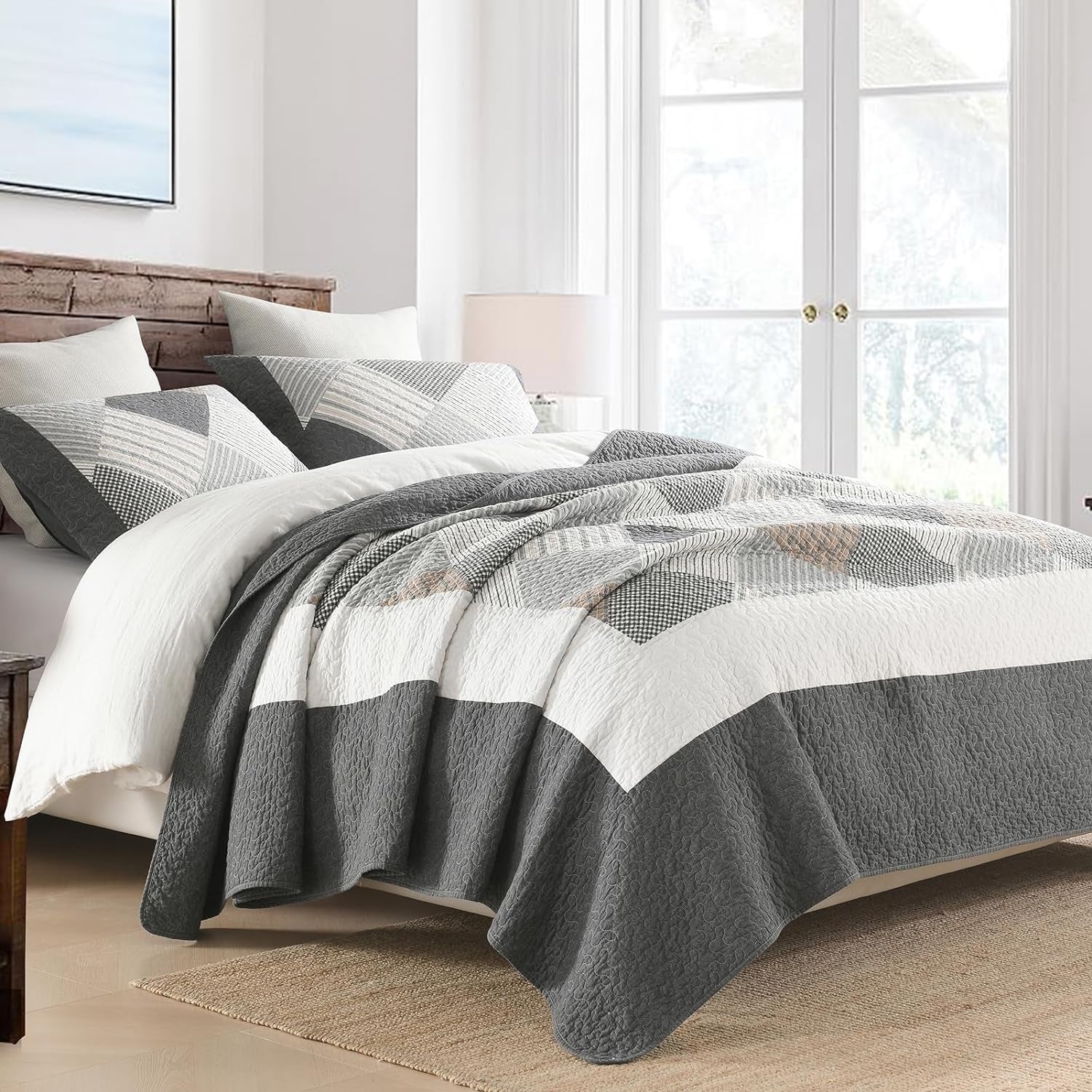 Cotton King Quilt Bedspread Set for King Bed, 3 Pcs, Dark Gray/White/Brown