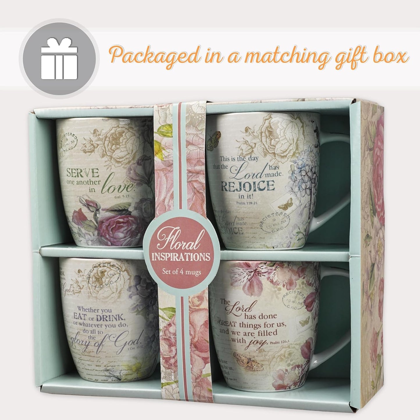 Ceramic Coffee/Tea Mug Set for Women | Vintage Botanic Floral Inspirations Design Bible Verse Mug Set | Boxed Set/4 Coffee Cups