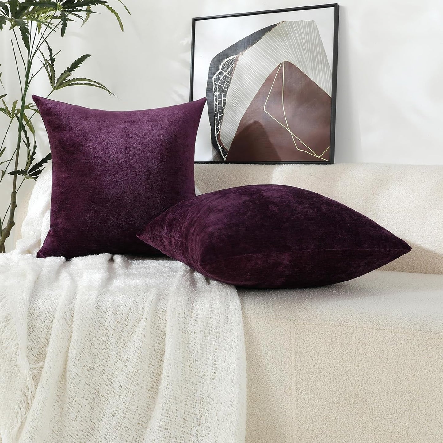 Plum Purple Decorative Throw Pillow Covers Soft Chenille Comfy Square Couch Cushion Cases for Living Room Sofa Decor (Set of 2, 20 X 20 Inches)