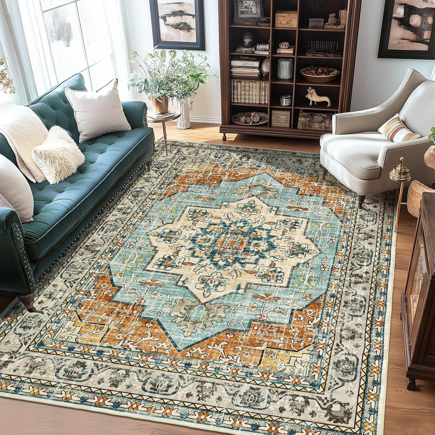 6X9 Area Rugs for Living Room,Non-Slip Soft Washable Rug with Vintage Medallion Pattern, , Orange Blue