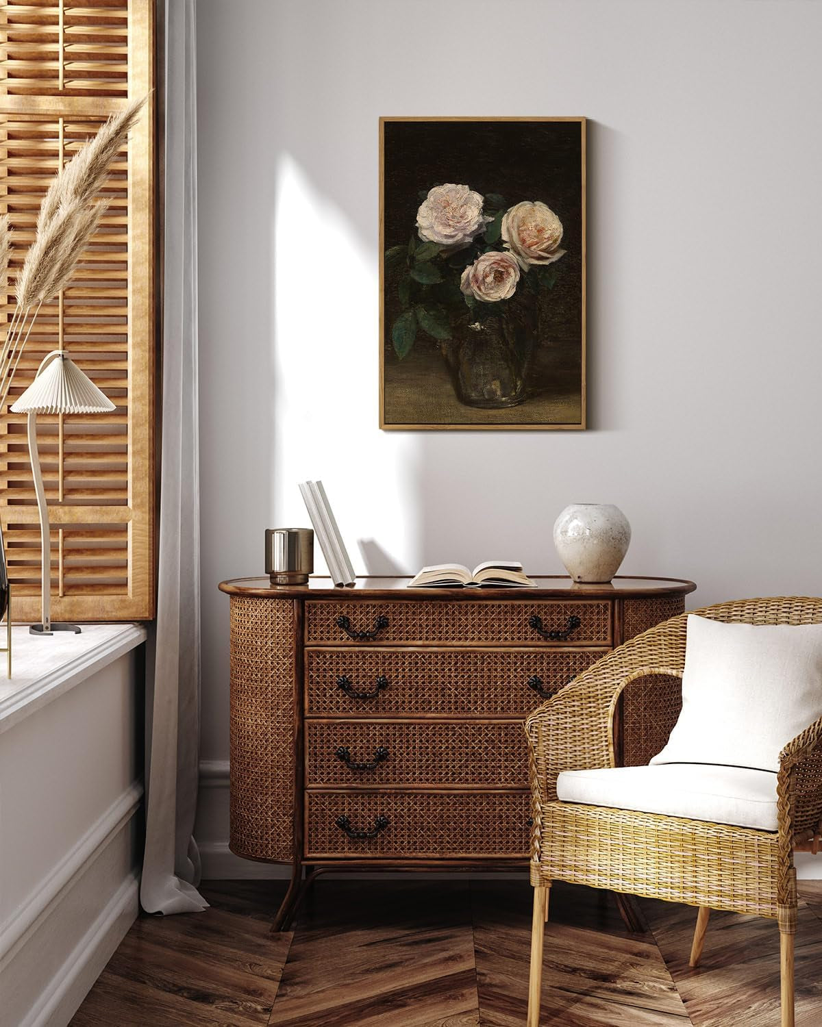 Framed Wall Art, Roses in Glass Vase Vintage Flower Prints Classical Oil Painting,16X24In