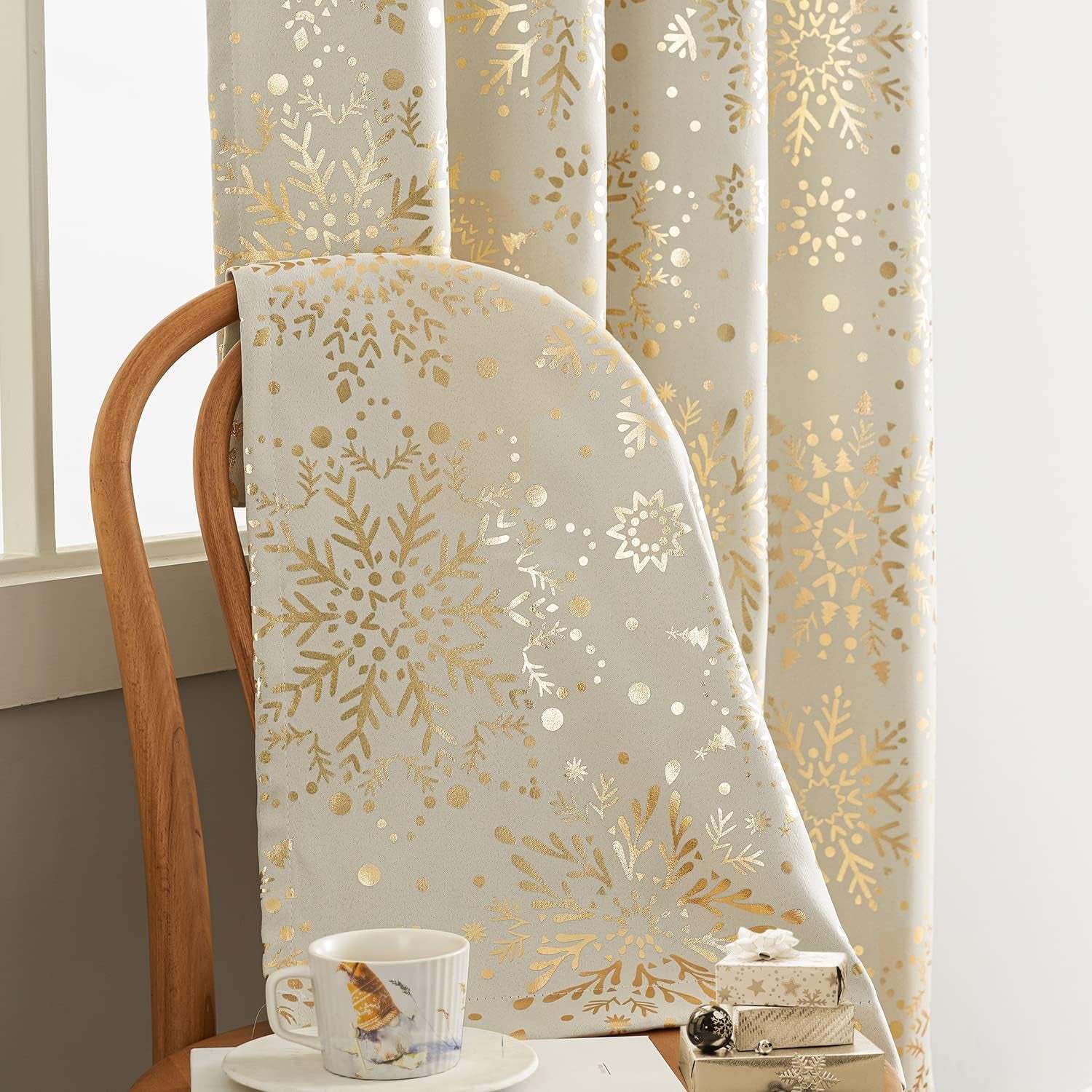 Ivory Gold Blackout Curtains Snowflake Print Curtain Panels 63Inch Medallion Floral Energy Saving 2Pcs