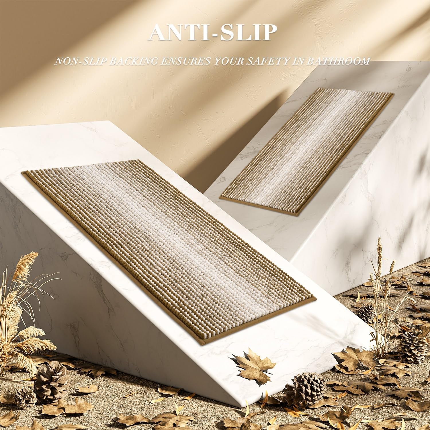 Bathroom Rugs and Mats Sets, 2 Piece Thick Absorbent Chenille Non-Slip (Petrified Oak, 20" X 47" plus 16" X 24")