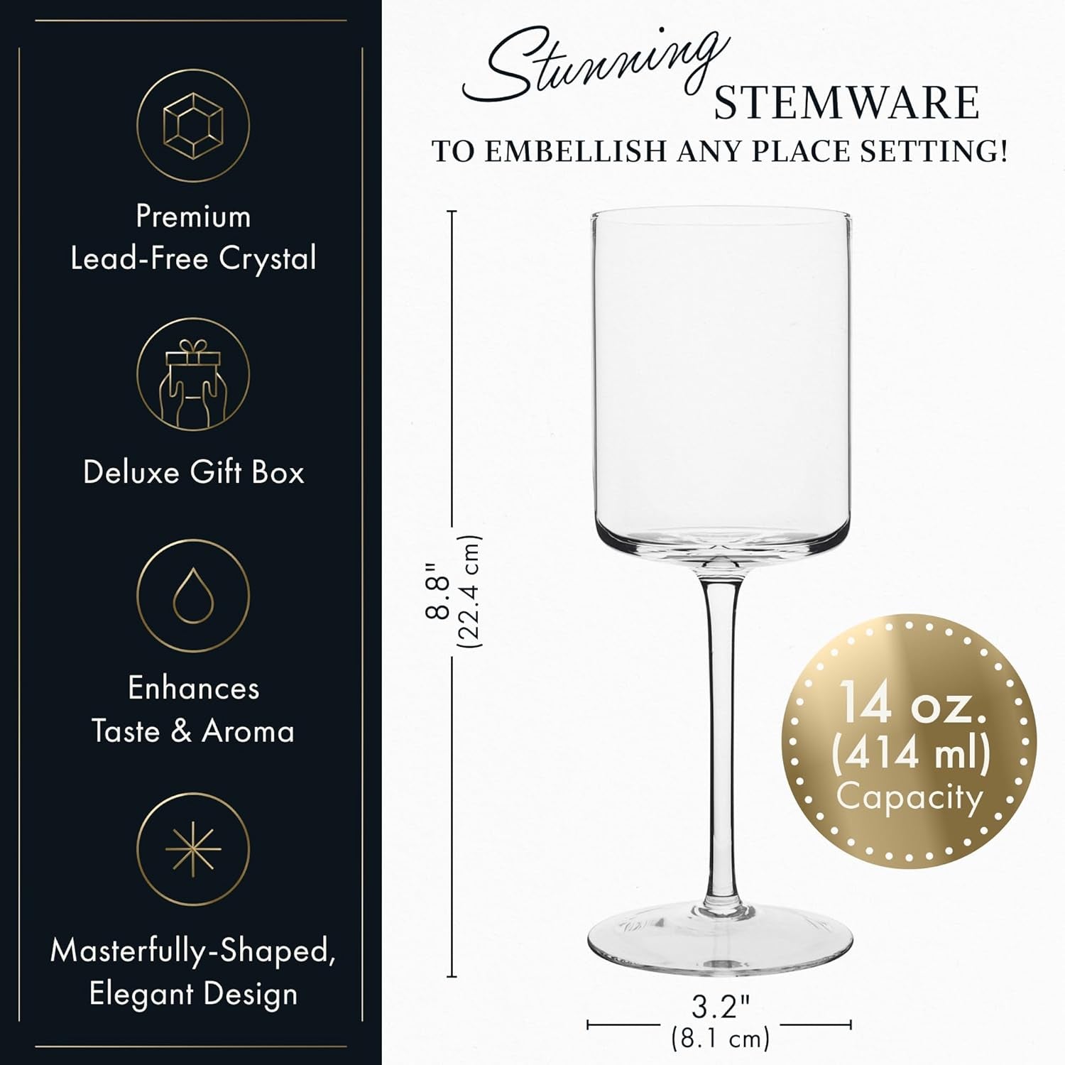 Crystal Square Wine Glasses, Set of 4, 4 - 14oz