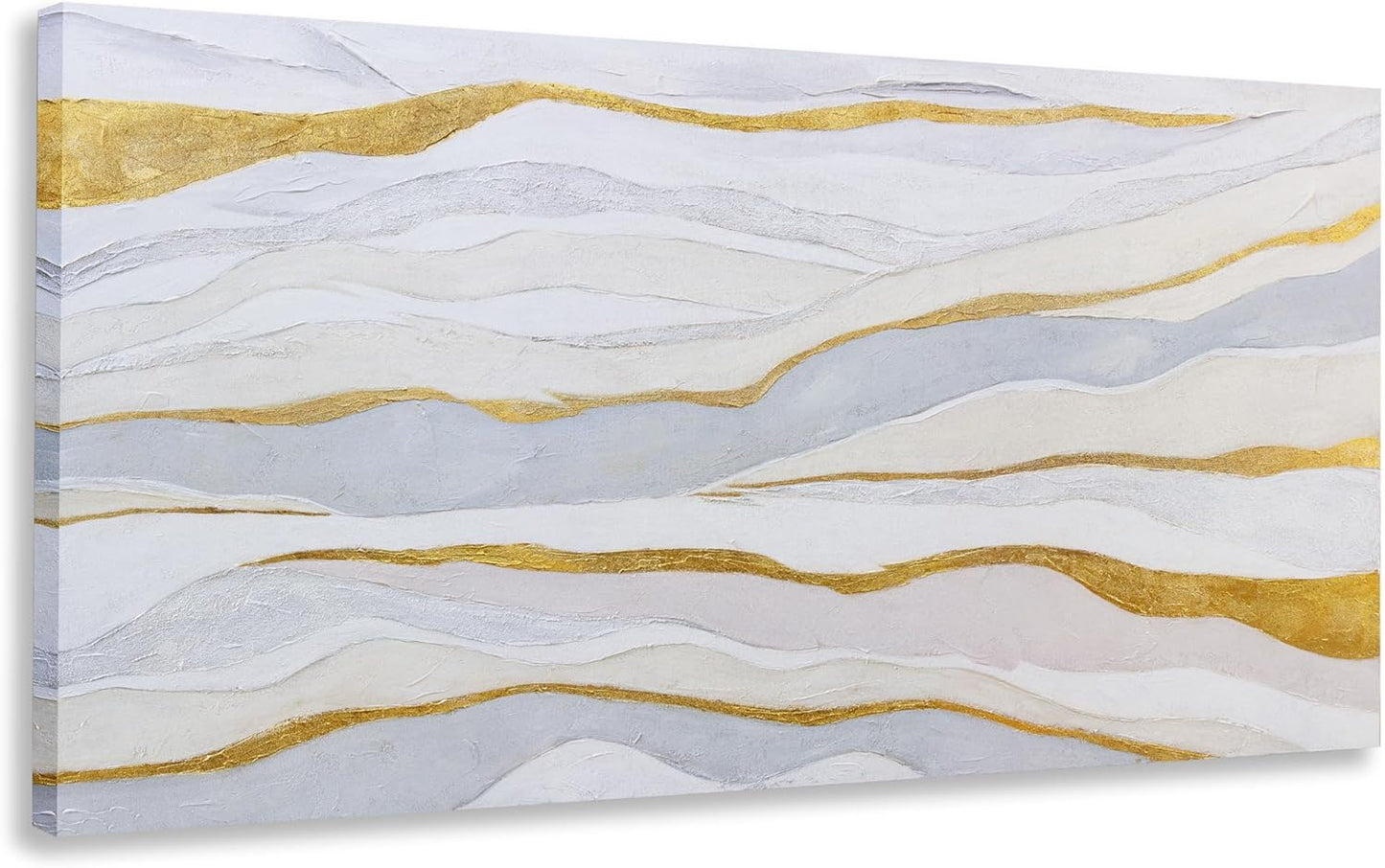 Abstract Wall Art White and Gold Wave Lines Canvas Print Artwork, Home Decor 20X40 Inch