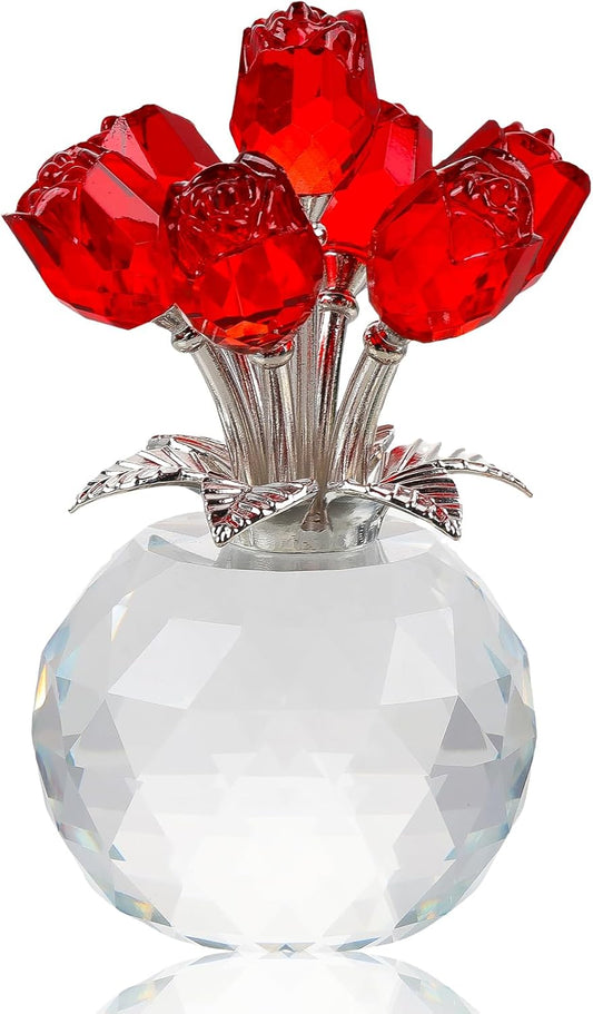 Crystal Red Rose Bouquet Figurine with round Vase
