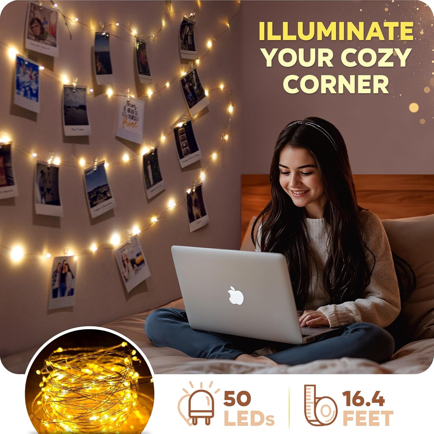 Photo Clips String Light - Dreamy Fairy Lights with Clips - Stocking Stuffers for Teen Girls (50 LED, 16.4 Ft)