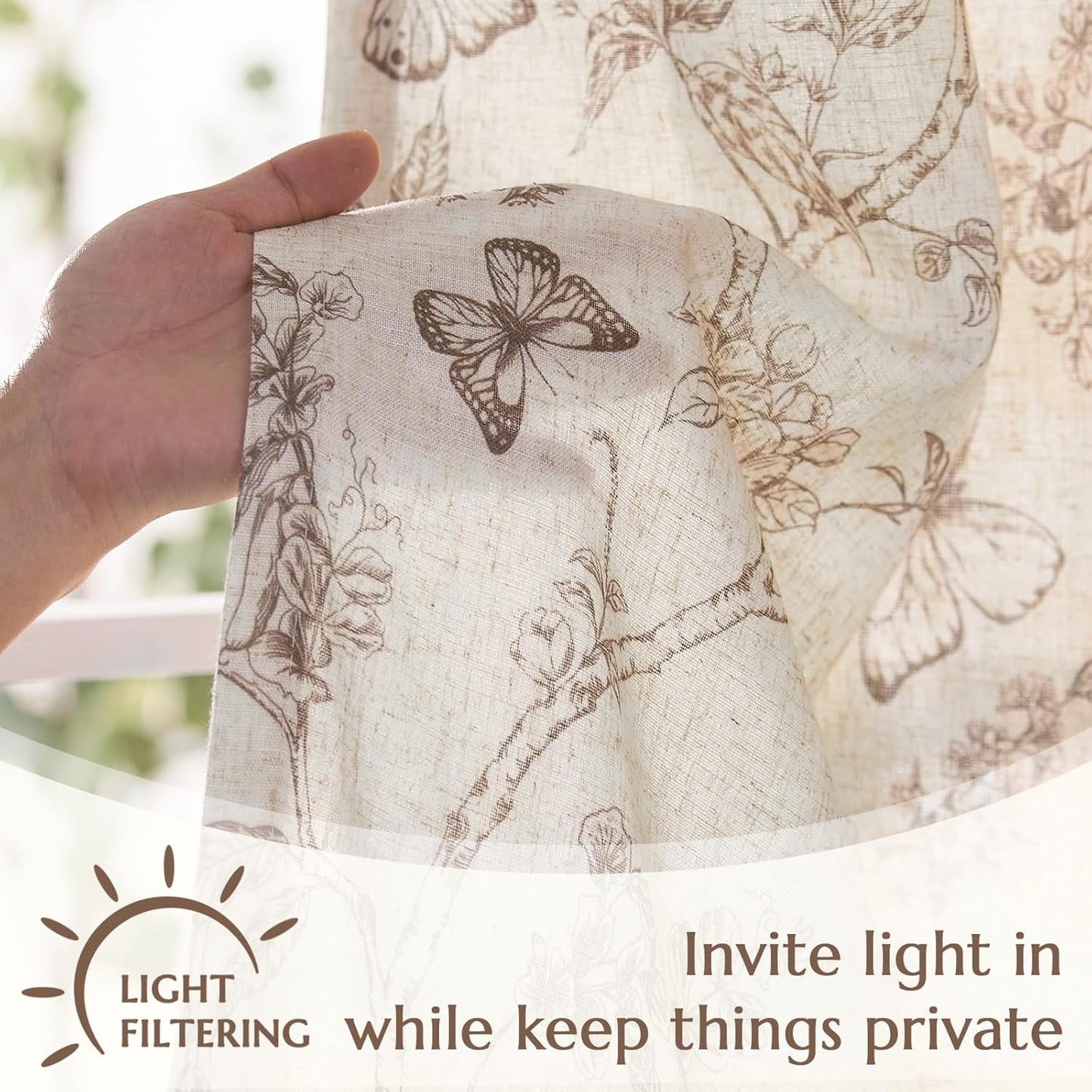Floral Kitchen Curtains for Windows 36 Inch Farmhouse Country Linen Tier Curtains, Botanic Small Window Drapes, Rod Pocket Rustic 2 Panels Tan on Beige