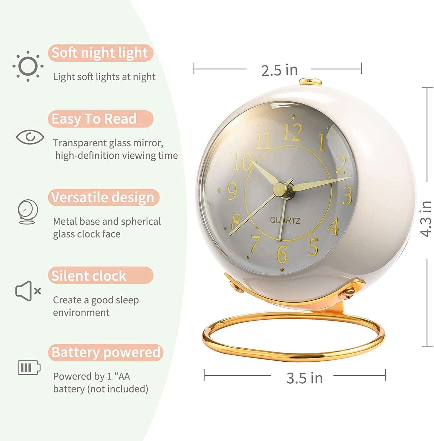 Analog Alarm Clocks,Retro Backlight Cute Simple Design Small Desk Clock with Night Light,Silent Non-Ticking,Battery Powered,For Kids,Bedroom,Travel,Kitchen,Bedside Desktop.(White)
