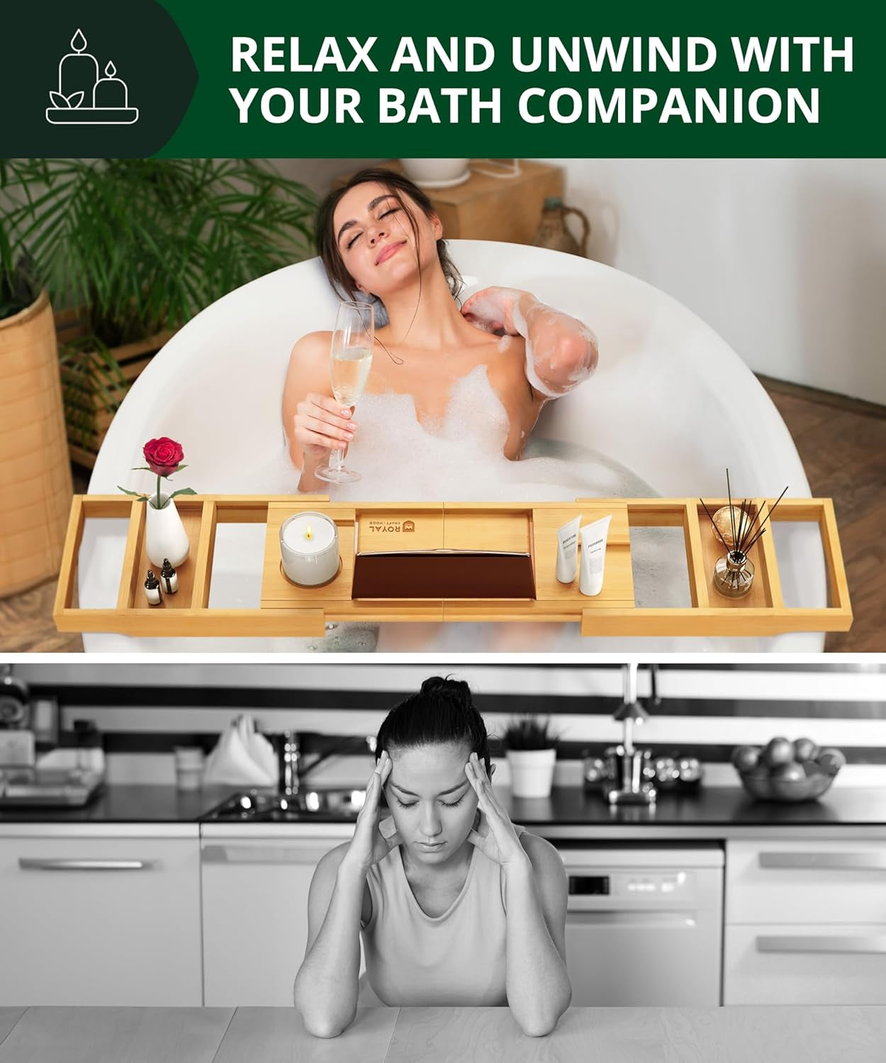 Premium Foldable Bathtub Tray - Wood Bath Tray for Tub, Bamboo Shelf