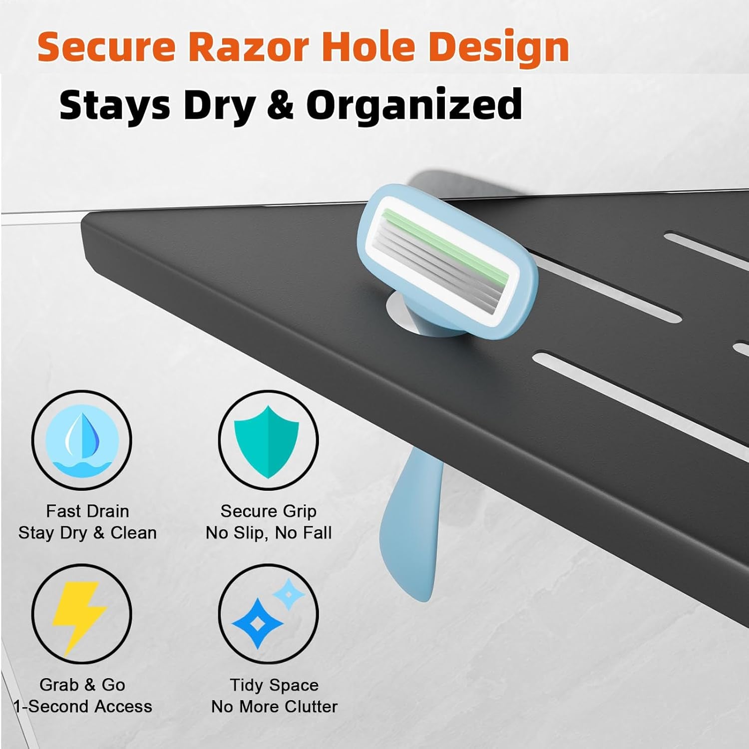 Shower Corner Shelf with Razor Hole, Modern Sturdy Shower Caddy, 10" Rustproof Stainless Steel Shower Organizers Bathroom Shelf for Tile Wall, No Drilling