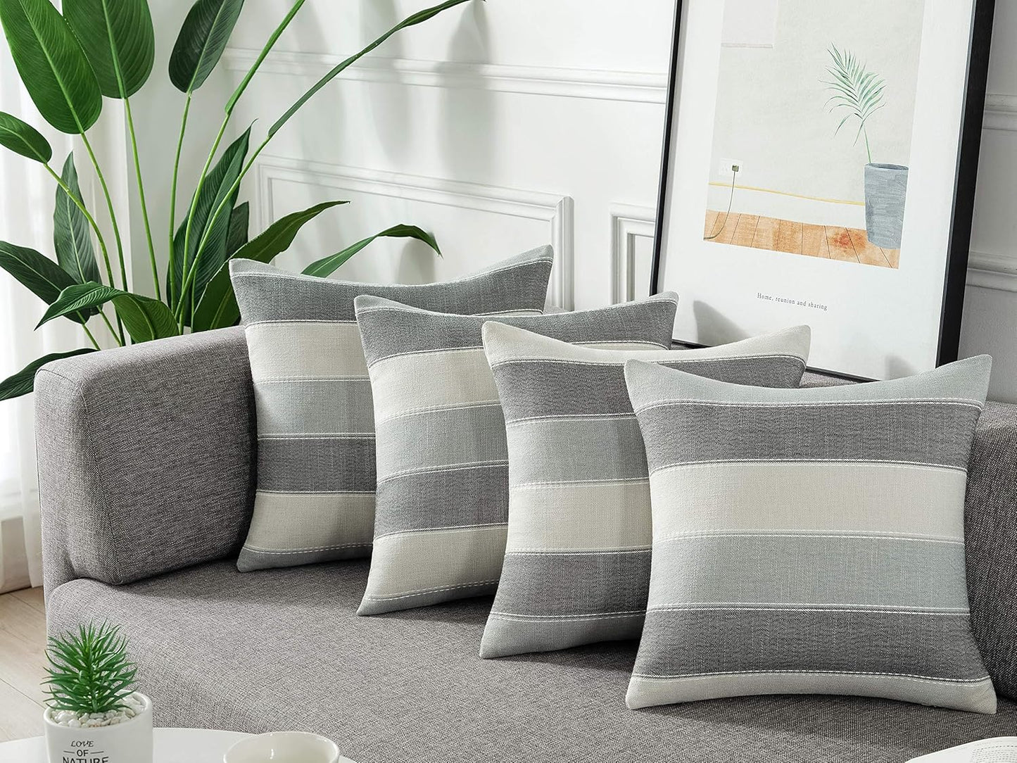 Pack of 2 Farmhouse Stripe Check Throw Pillow Covers Set 20X20Inch Dark Grey Beige