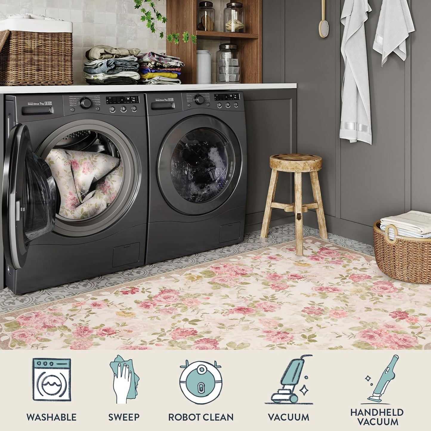 Floral Washable Rugs 5X7, Rugs for Living Room Boho Area Rug, Vintage (5'X7, Beige)