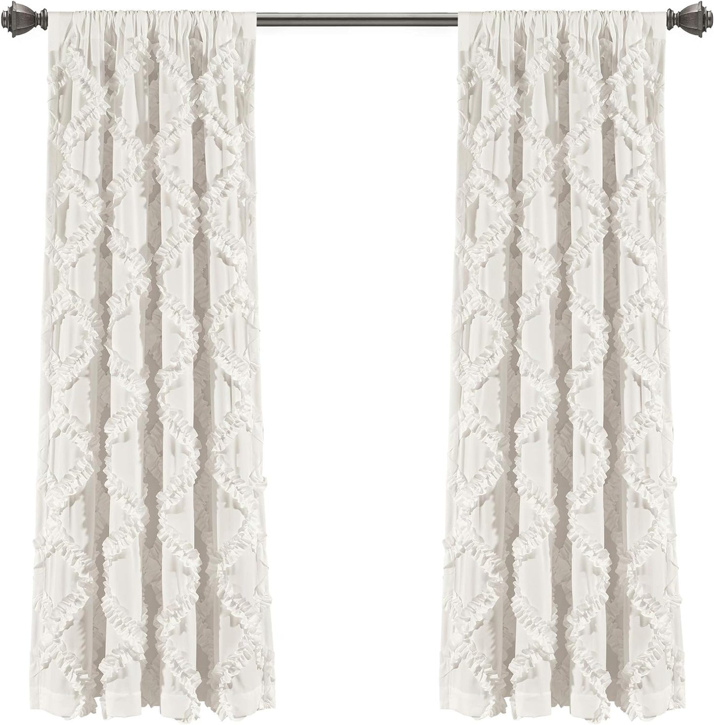 Ruffle Diamond Window Curtain Panel Pair, 63 in X 54 In, White