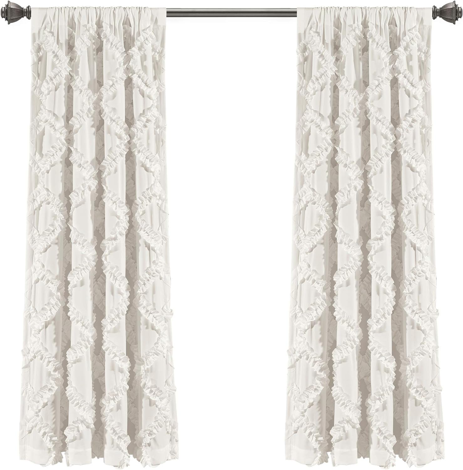Ruffle Diamond Window Curtain Panel Pair, 63 in X 54 In, White