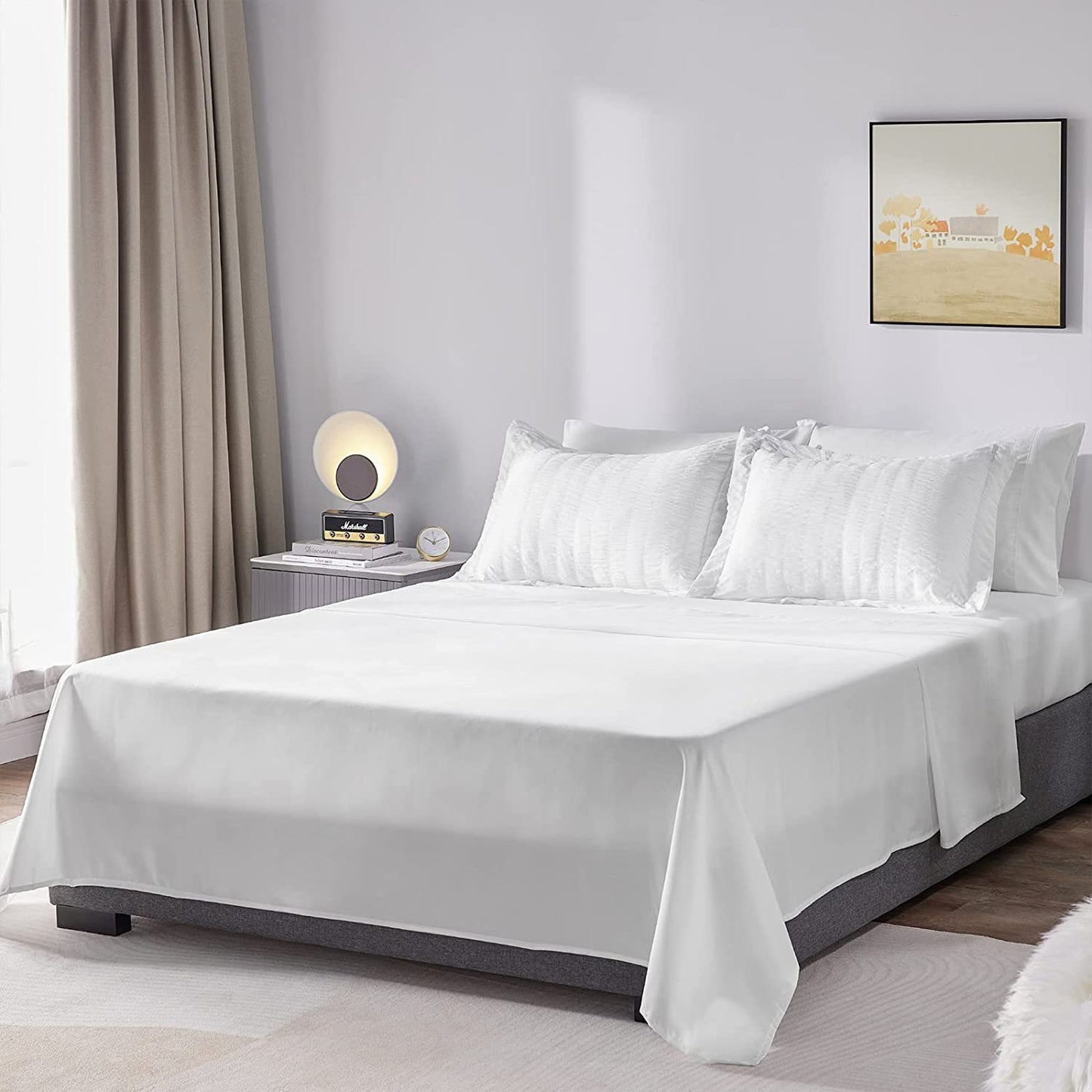 Queen Bed in a Bag White Seersucker Comforter Set with Sheets 7-Pieces All Season Bedding Sets with Comforter, Pillow Sham, Flat Sheet, Fitted Sheet and Pillowcase