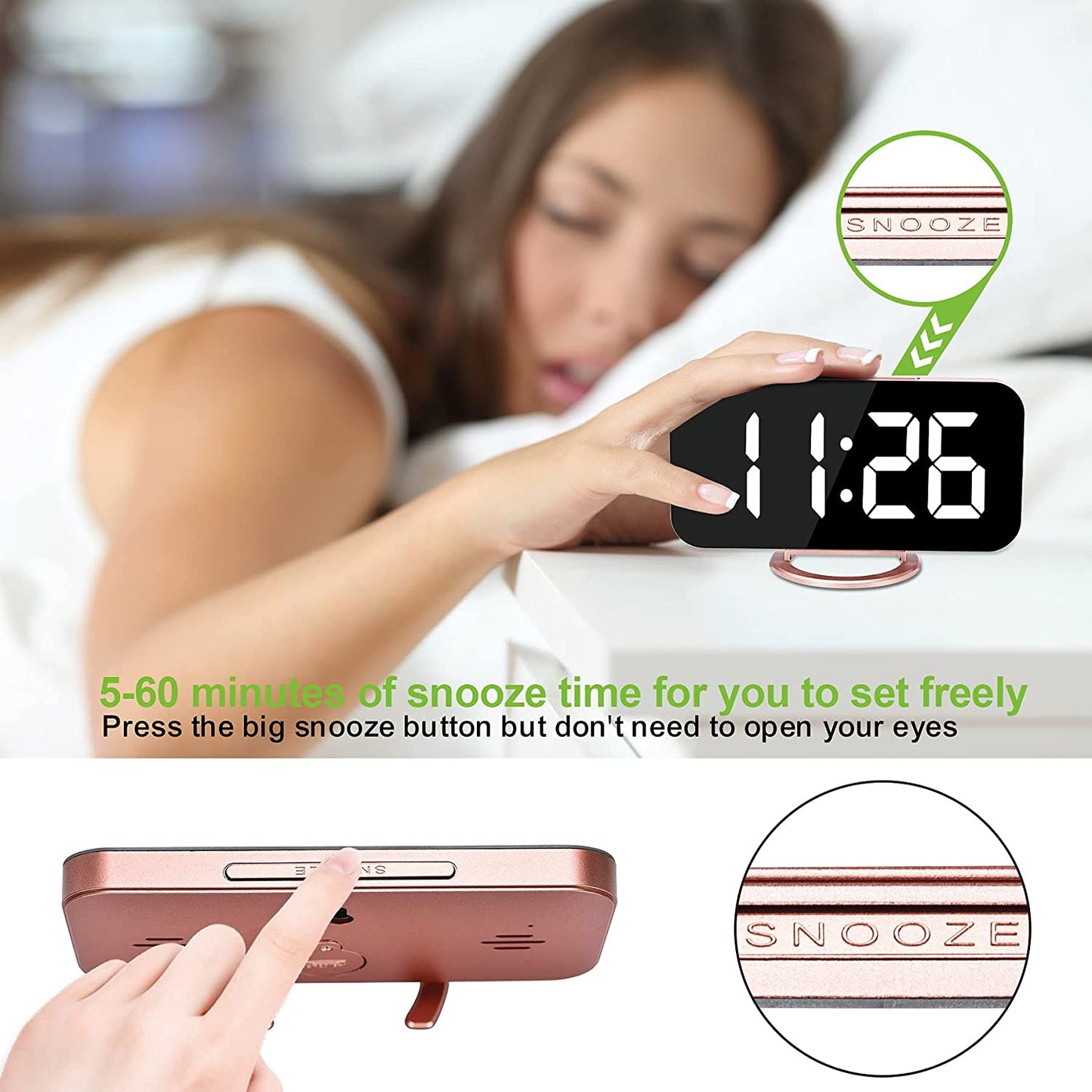 Alarm Clock for Bedroom,Led and Mirror Digital Clock Large Display,With Dual USB Charger Ports,Auto Dim,Snooze Mode,Modern Desk/Wall Electronic Clock for Girl Woman Mom Teens - Rose Gold