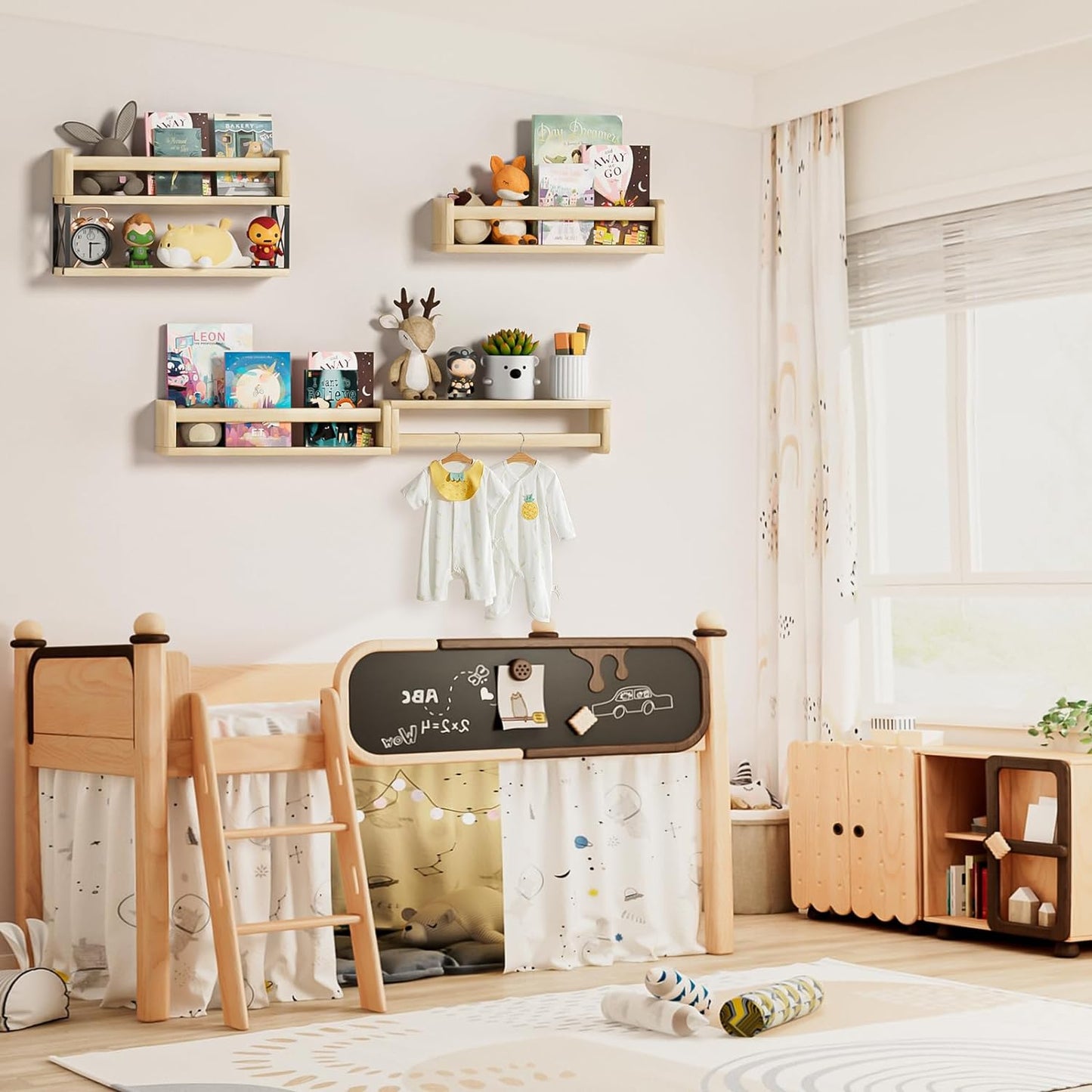 Nursery Book Shelves Set of 4+1, 16.5Inch Floating Wall Bookshelf for Kids Room, Natural Solid Wood Book Shelf for Baby Nursery Room, Wall Shelves for Bedroom Decor, Toy Storage Shelves