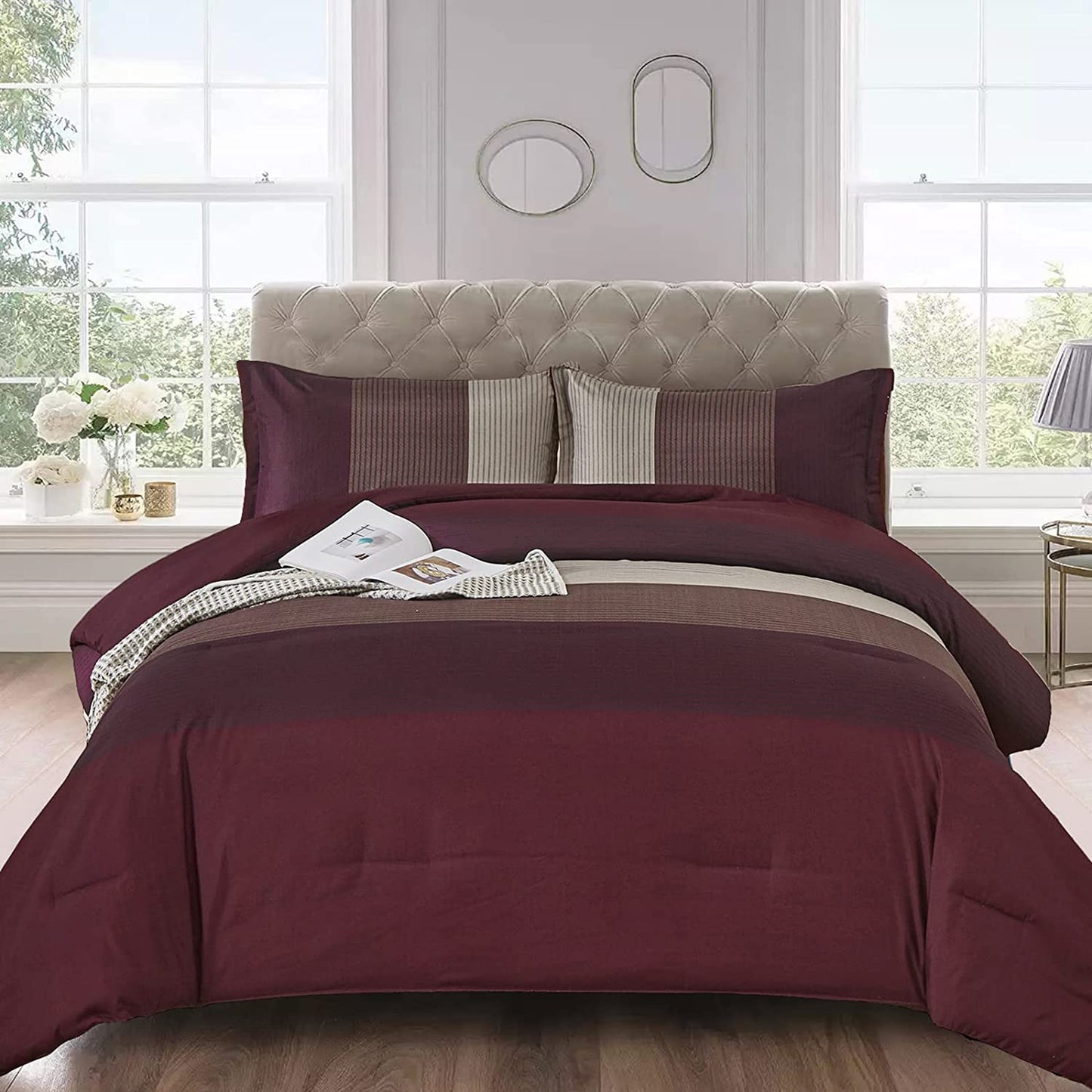 Burgundy Comforter Set Queen, Reversible Burgundy Stripe down Alternative Comforter for All Season,3 Pieces(1 Comforter+2 Pillowcases), Soft Microfiber Bedding Duvet Set 90”×90”