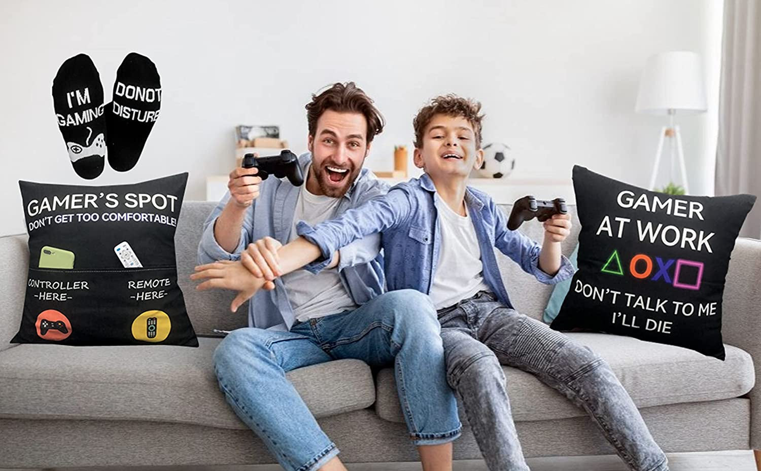 Gamer Gifts, Pocket Design Throw Pillow Covers 18 X 18 Inch + Gamer Socks, Gaming Room Décor Stocking Stuffers Easter Basket Stuffers for Teen Boys Girls Men Father Boyfriends