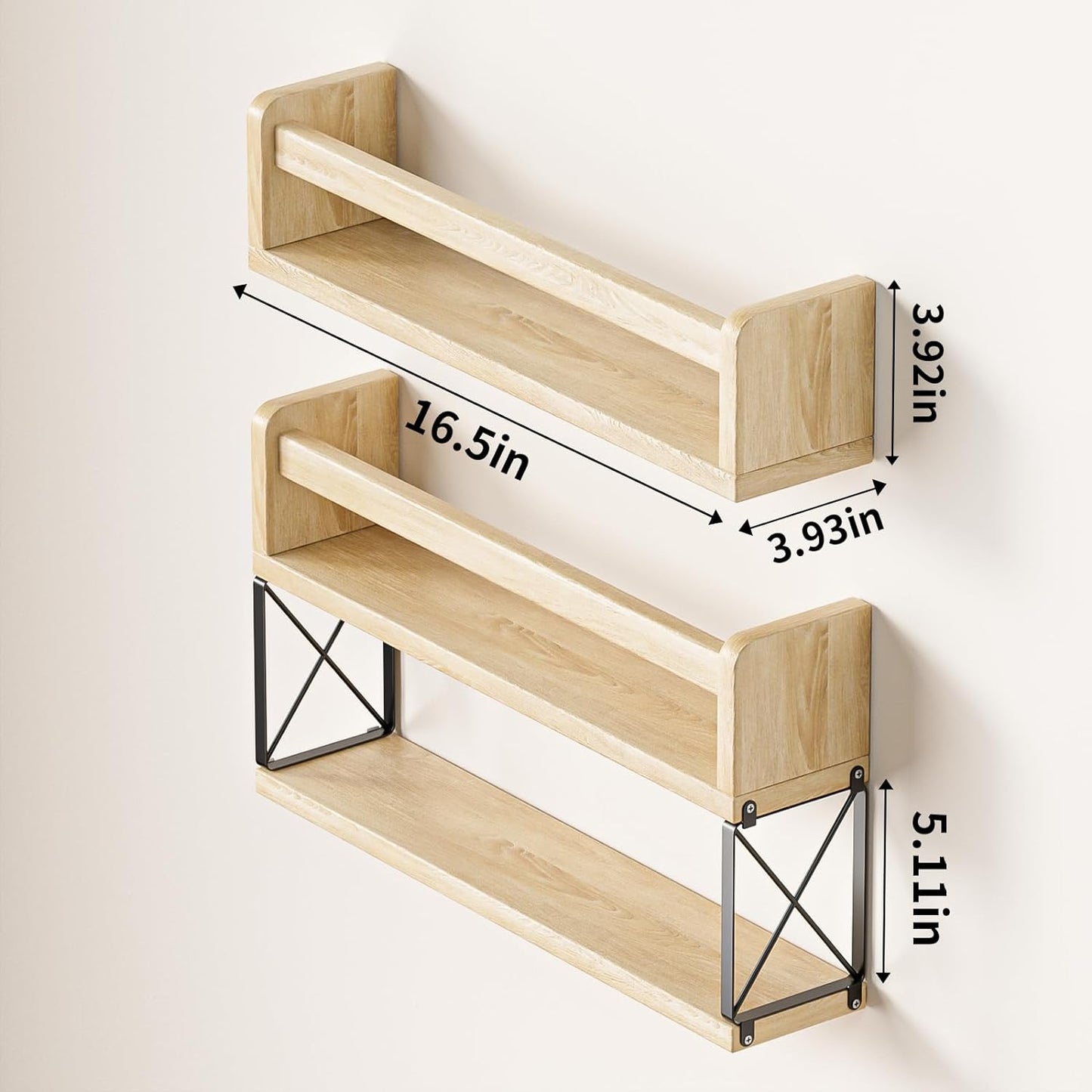 Nursery Book Shelves Set of 4+1, 16.5Inch Floating Wall Bookshelf for Kids Room, Natural Solid Wood Book Shelf for Baby Nursery Room, Wall Shelves for Bedroom Decor, Toy Storage Shelves
