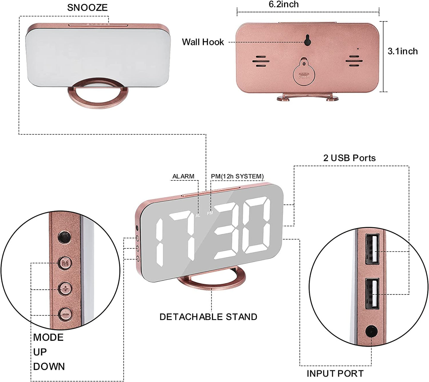 Alarm Clock for Bedroom,Led and Mirror Digital Clock Large Display,With Dual USB Charger Ports,Auto Dim,Snooze Mode,Modern Desk/Wall Electronic Clock for Girl Woman Mom Teens - Rose Gold