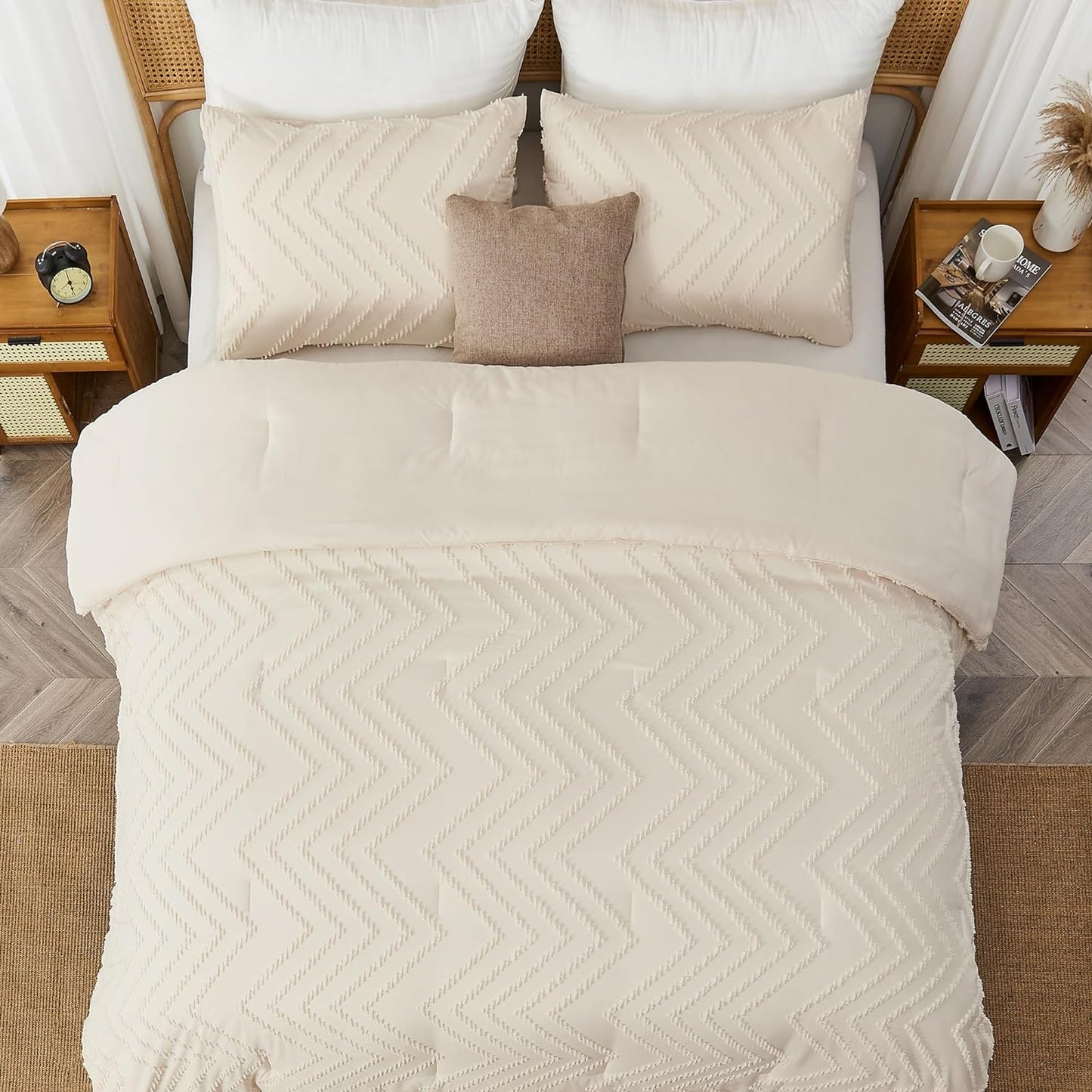 Full Size Comforter Sets, Beige Boho Cream Soft Warm Tufted Neutral Bedding Comforter Sets for Full Size Bed, 3 Pieces Aesthetic Chevron Farmhouse Cute Bohemian Textured Bedding Set