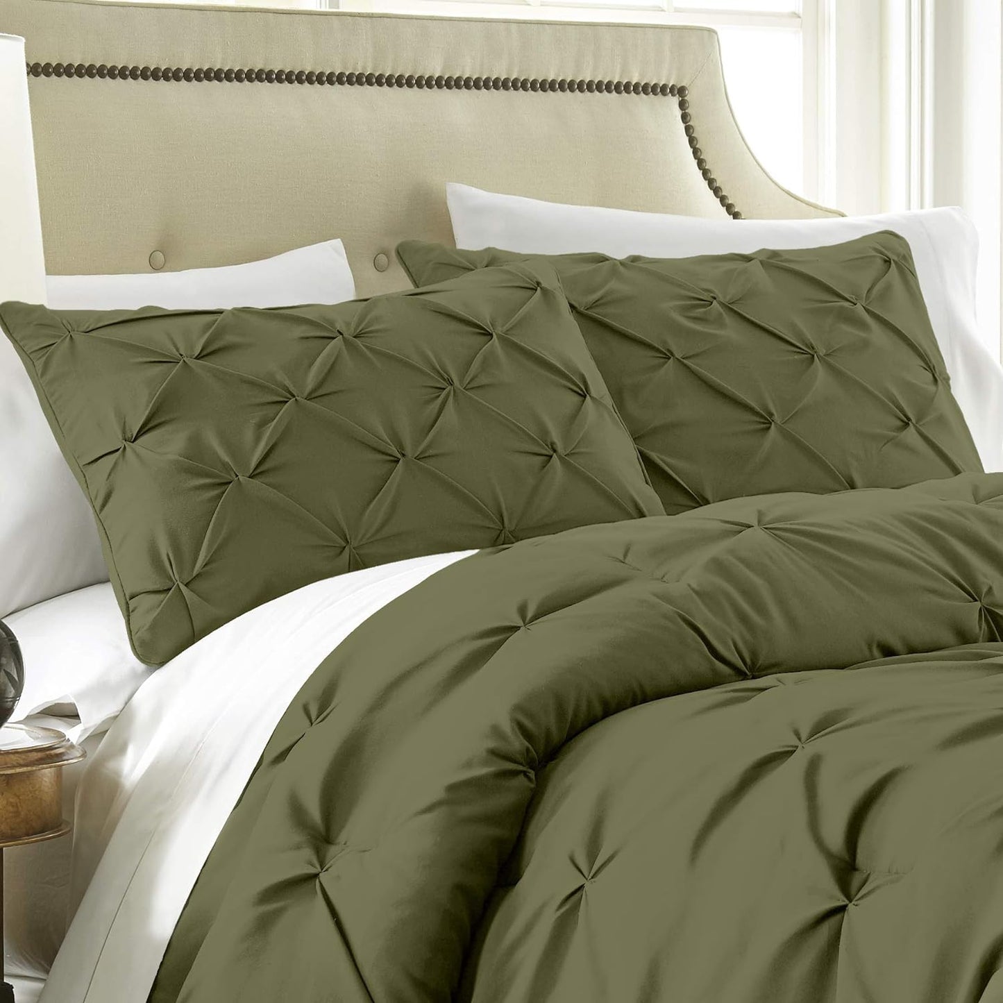 Berlin Olive Green Pinch Pleat Full Comforter Set 3-Piece (1 Comforter and 2 Pillow Shams) Soft Pintuck Lightweight All Season Microfiber Comforter Bedding Set