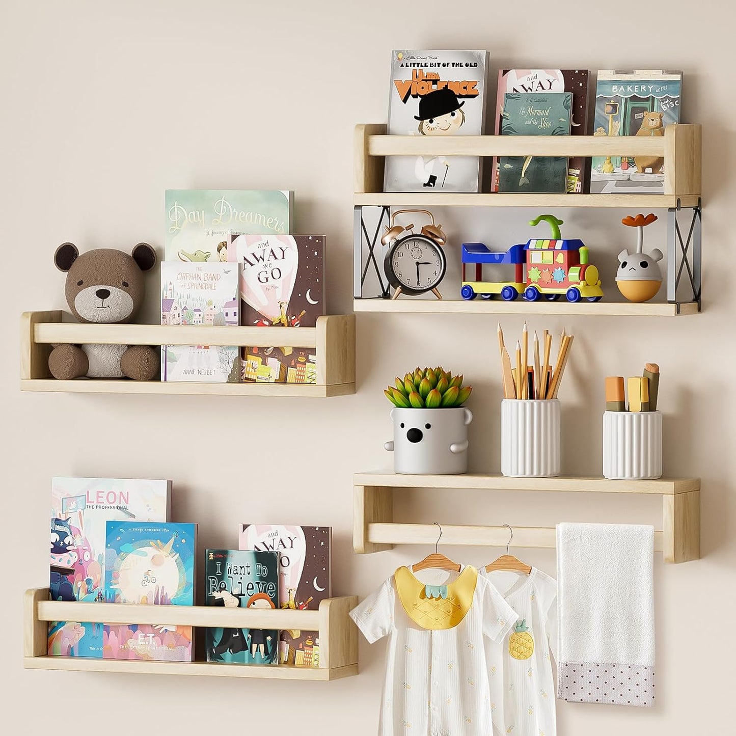 Nursery Book Shelves Set of 4+1, 16.5Inch Floating Wall Bookshelf for Kids Room, Natural Solid Wood Book Shelf for Baby Nursery Room, Wall Shelves for Bedroom Decor, Toy Storage Shelves