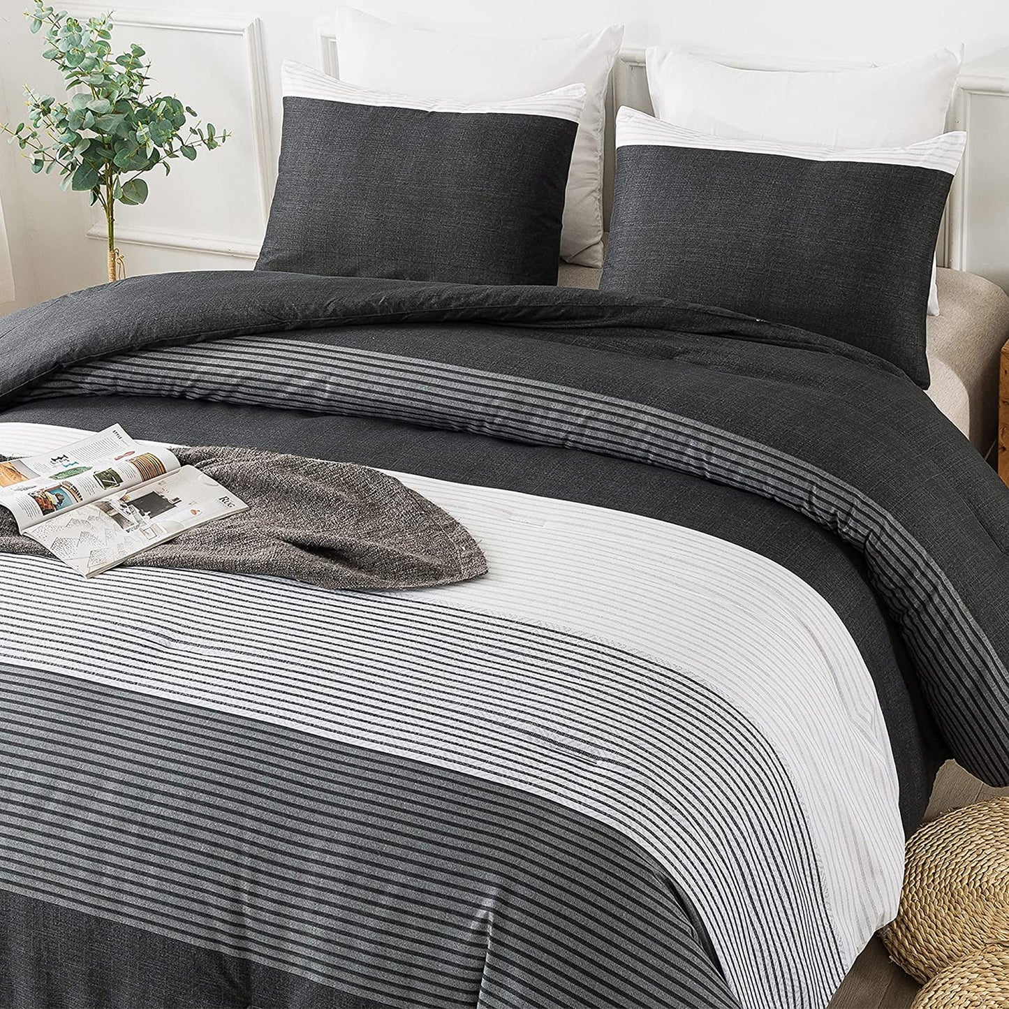 Black Comforter King Size, 3 Pieces Black White Gray Patchwork Striped Comforter (104X90 Inch), Soft Microfiber down Alternative King Comforter Bedding Sets with Corner Loops