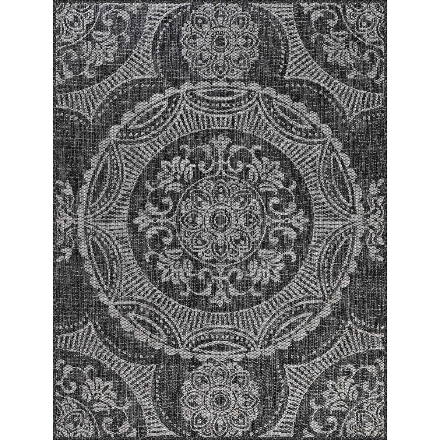 Beverly Rug Dark Grey Medallion Indoor Outdoor Rug, outside Carpet for Patio, Deck, Porch