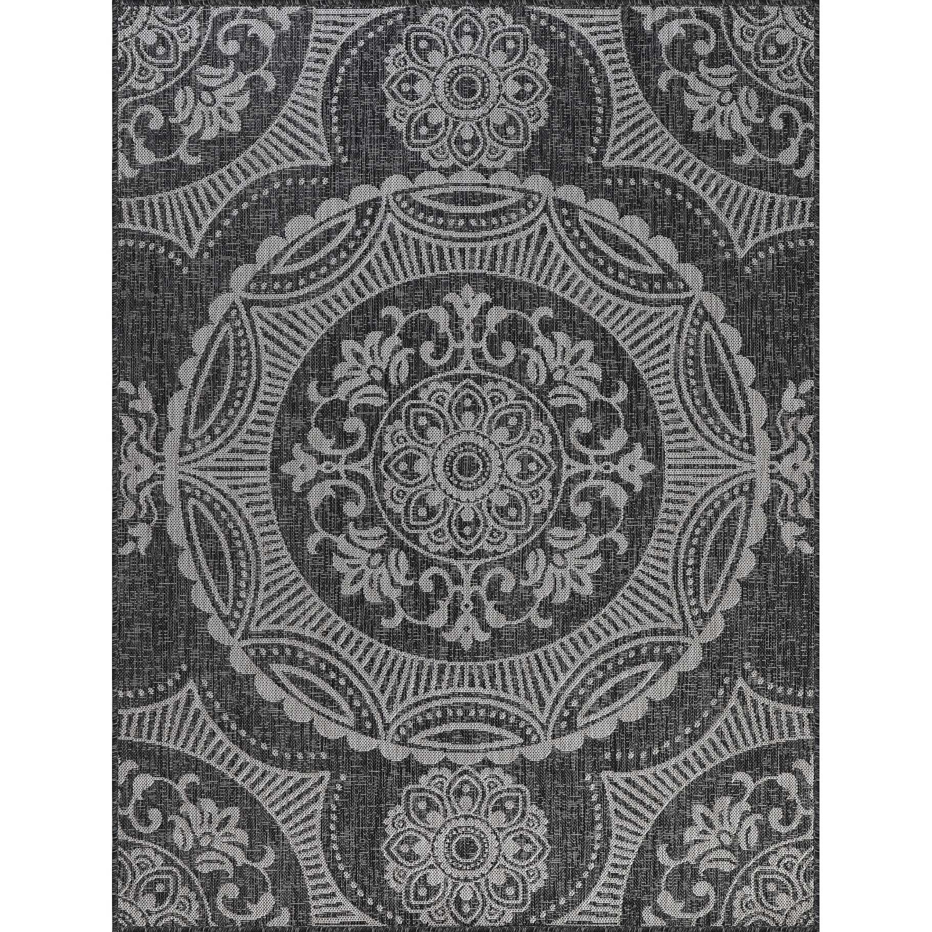 Beverly Rug Dark Grey Medallion Indoor Outdoor Rug, outside Carpet for Patio, Deck, Porch
