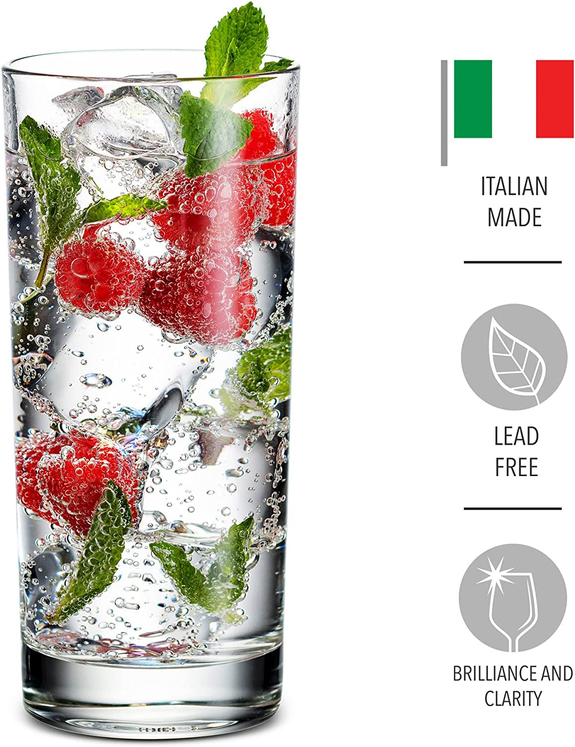 Highball Drinking Glasses, Italian Made Tall Glass Cups, Water Glasses, Cocktail Glasses - Made in Italy, 14Oz, Set of 4