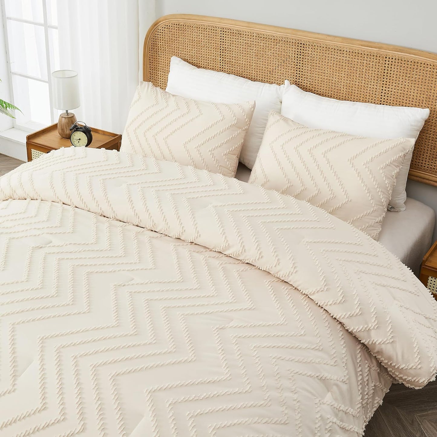 Full Size Comforter Sets, Beige Boho Cream Soft Warm Tufted Neutral Bedding Comforter Sets for Full Size Bed, 3 Pieces Aesthetic Chevron Farmhouse Cute Bohemian Textured Bedding Set