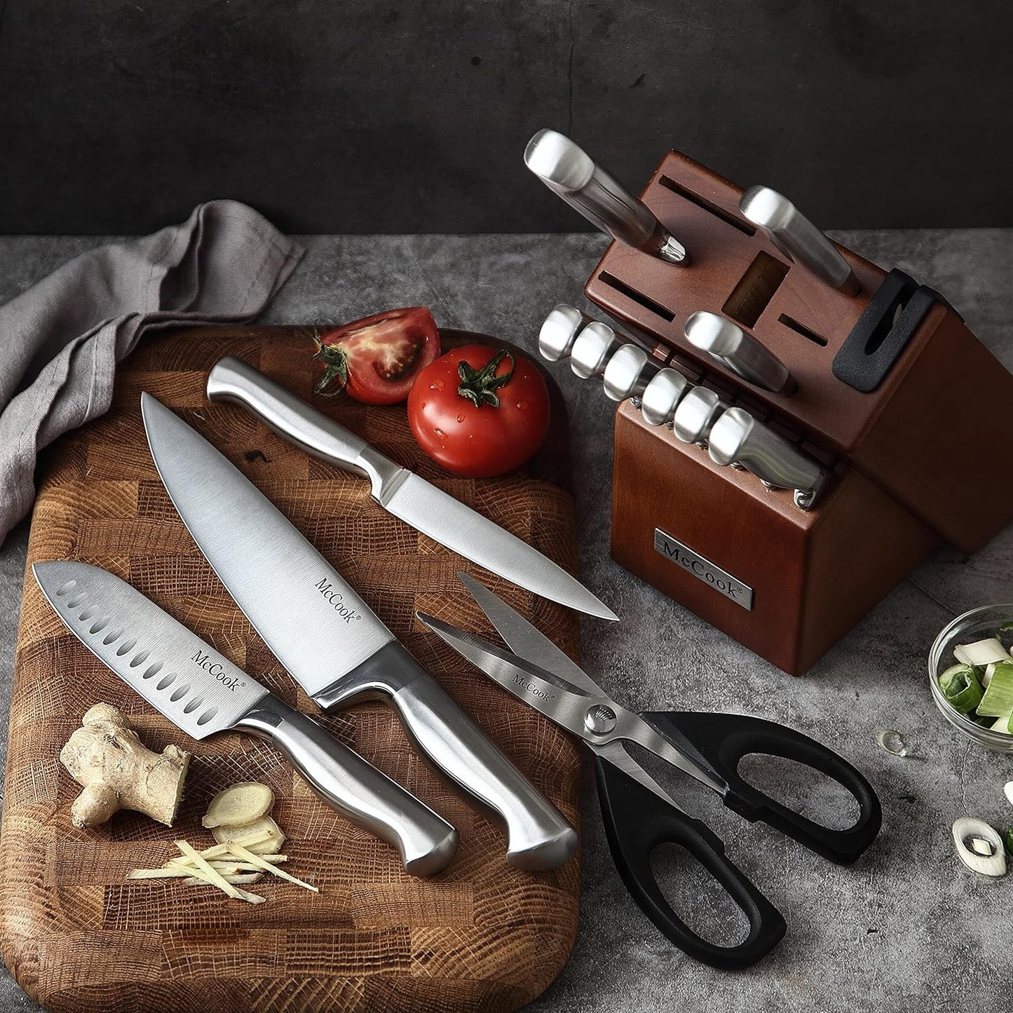 Knife Sets, German Stainless Steel Kitchen Knife Block Sets with Built-In Sharpener